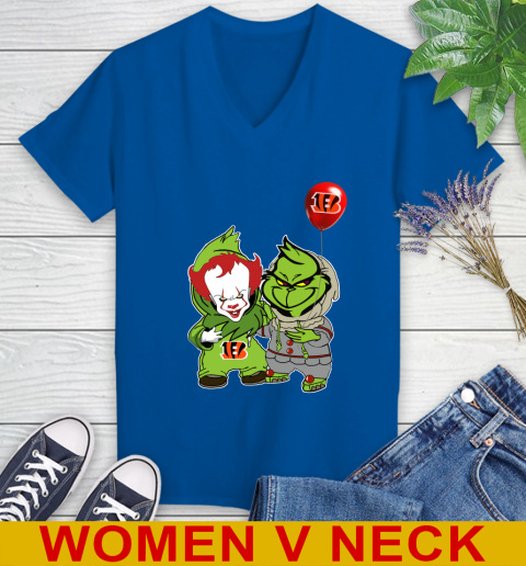 Cincinnati Bengals Baby Pennywise Grinch Christmas NFL Football Women's V-Neck T-Shirt 11