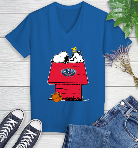 New Orleans Pelicans NBA Basketball Snoopy Woodstock The Peanuts Movie Women's V-Neck T-Shirt 10