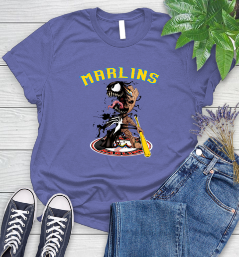 MLB Miami Marlins Baseball Venom Groot Guardians Of The Galaxy Women's T-Shirt 11