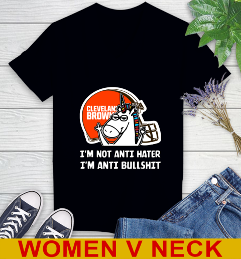 Cleveland Browns NFL Football Unicorn I'm Not Anti Hater I'm Anti Bullshit Women's V-Neck T-Shirt 2
