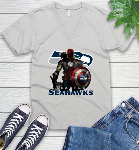 NFL Captain America Thor Spider Man Hawkeye Avengers Endgame Football Seattle Seahawks V-Neck T-Shirt