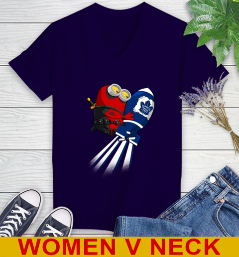 NHL Hockey Toronto Maple Leafs Deadpool Minion Marvel Shirt Women's V-Neck T-Shirt 3