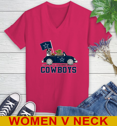 NFL Football Dallas Cowboys Darth Vader Baby Yoda Driving Star Wars Shirt Women's V-Neck T-Shirt - Image 11