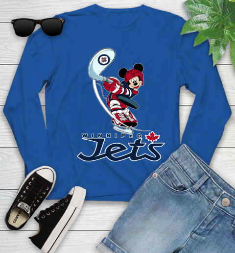NHL Hockey Winnipeg Jets Cheerful Mickey Mouse Shirt Youth Long Sleeve 10