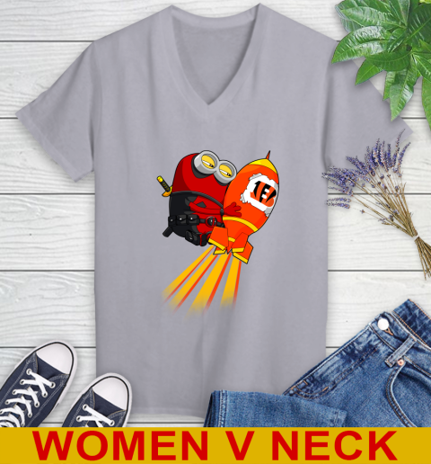NFL Football Cincinnati Bengals Deadpool Minion Marvel Shirt Women's V-Neck T-Shirt 4