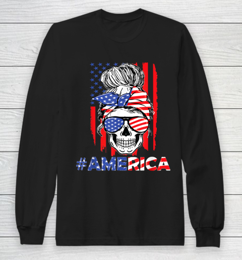 Independence Day Merica Messy Bun Skull 4th Of July American Flag Long Sleeve T-Shirt