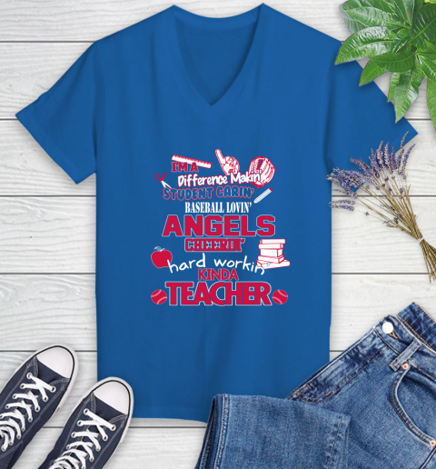 Los Angeles Angels MLB I'm A Difference Making Student Caring Baseball Loving Kinda Teacher Women's V-Neck T-Shirt 10