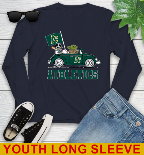 MLB Baseball Oakland Athletics Darth Vader Baby Yoda Driving Star Wars Shirt Youth Long Sleeve - Image 4