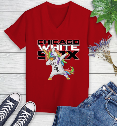 Chicago White Sox MLB Baseball Funny Unicorn Dabbing Sports Women's V-Neck T-Shirt 12