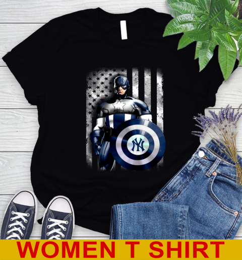 New York Yankees MLB Baseball Captain America Marvel Avengers American Flag Shirt Women's T-Shirt