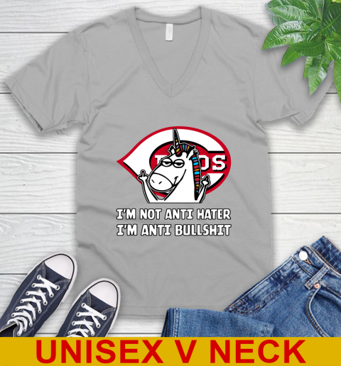 Cincinnati Reds MLB Baseball Unicorn I'm Not Anti Hater I'm Anti Bullshit V-Neck T-Shirt 4