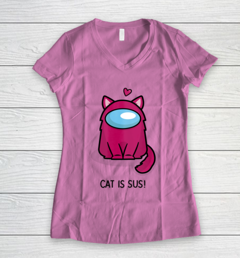 Among Us Game Shirt Cute Cat Astronaut Among me or us Nerdy Girl Gamer Women's V-Neck T-Shirt 8