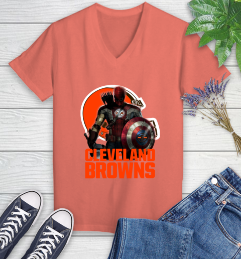 NFL Captain America Thor Spider Man Hawkeye Avengers Endgame Football Cleveland Browns Women's V-Neck T-Shirt 6