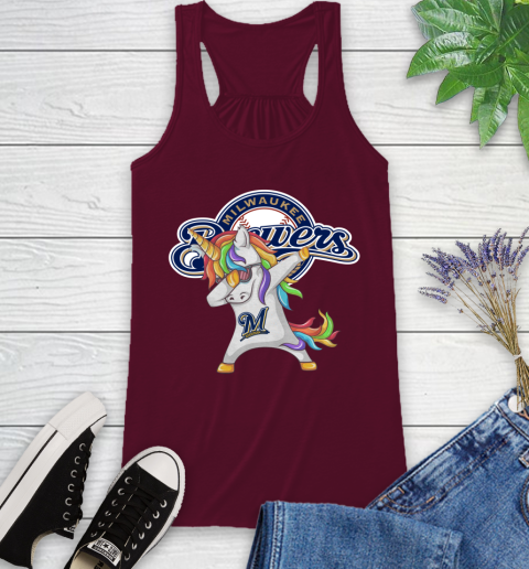 Milwaukee Brewers MLB Baseball Funny Unicorn Dabbing Sports Racerback Tank 3