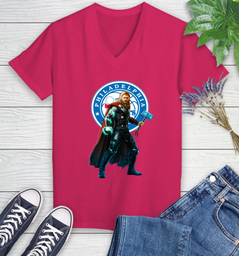 NBA Thor Avengers Endgame Basketball Philadelphia 76ers Women's V-Neck T-Shirt 9