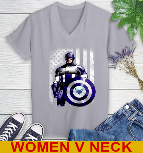 Charlotte Hornets NBA Basketball Captain America Marvel Avengers American Flag Shirt Women's V-Neck T-Shirt 4