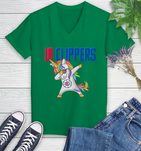 LA Clippers NBA Basketball Funny Unicorn Dabbing Sports Women's V-Neck T-Shirt 5