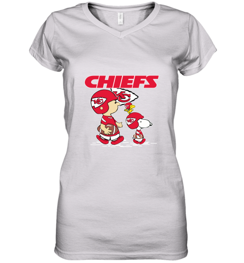 Kansas City Chiefs Let's Play Football Together Snoopy NFL Women's V-Neck T-Shirt