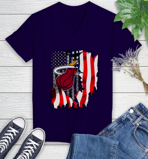 Miami Heat NBA Basketball American Flag Women's V-Neck T-Shirt 3