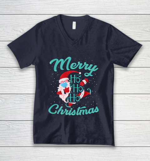 Merry Christmas Ho Ho Ho Santa Claus Wearing A Face Mask V-Neck T-Shirt 2