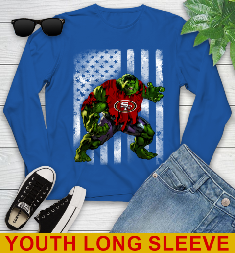 San Francisco 49ers Hulk Marvel Avengers NFL Football American Flag Youth Long Sleeve 10