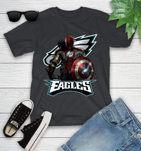 NFL Captain America Thor Spider Man Hawkeye Avengers Endgame Football Philadelphia Eagles Youth T-Shirt 2