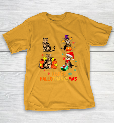 Cat Halloween Thanksgiving Christmas Happy Hallothanksmas T-Shirt 2