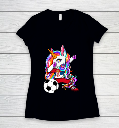 Dabbing Unicorn Serbia Soccer Fans Jersey Serbian Football Women's V-Neck T-Shirt