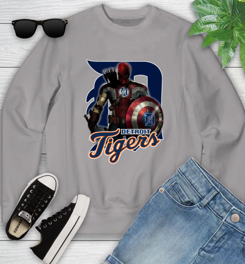 MLB Captain America Thor Spider Man Hawkeye Avengers Endgame Baseball Detroit Tigers Youth Sweatshirt 4