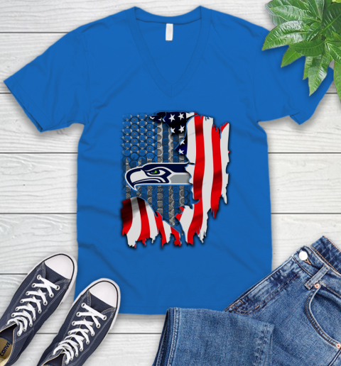 Seattle Seahawks NFL Football American Flag V Neck T Shirt Tee For Sports