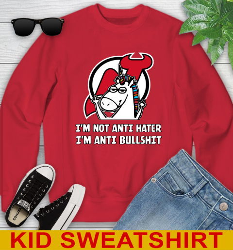 New Jersey Devils NHL Hockey Unicorn I'm Not Anti Hater I'm Anti Bullshit Youth Sweatshirt 8