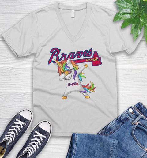 Atlanta Braves MLB Baseball Funny Unicorn Dabbing Sports V-Neck T-Shirt