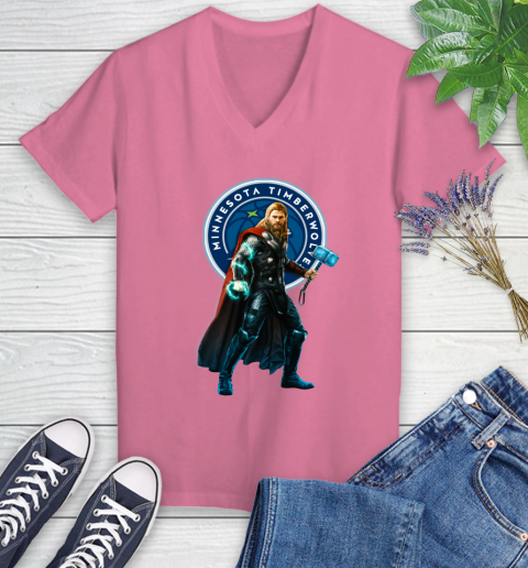 NBA Thor Avengers Endgame Basketball Minnesota Timberwolves Women's V-Neck T-Shirt 13