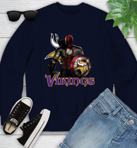 NFL Captain America Thor Spider Man Hawkeye Avengers Endgame Football Minnesota Vikings Youth Sweatshirt 3