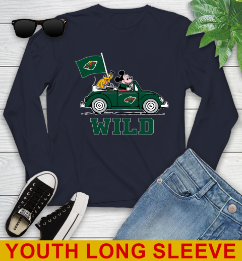 NHL Hockey Minnesota Wild Pluto Mickey Driving Disney Shirt Youth Long Sleeve 3