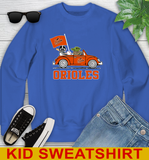 MLB Baseball Baltimore Orioles Darth Vader Baby Yoda Driving Star Wars Shirt Youth Sweatshirt 7