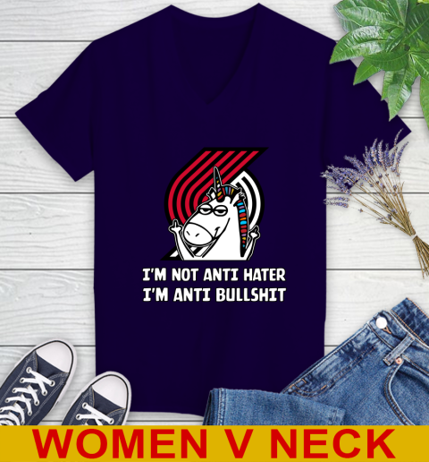 Portland Trail Blazers NBA Basketball Unicorn I'm Not Anti Hater I'm Anti Bullshit Women's V-Neck T-Shirt 4