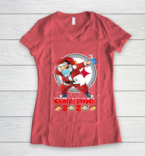 Pittsburgh Steelers Funny Santa Claus Dabbing Christmas 2020 NFL Women's V-Neck T-Shirt 4