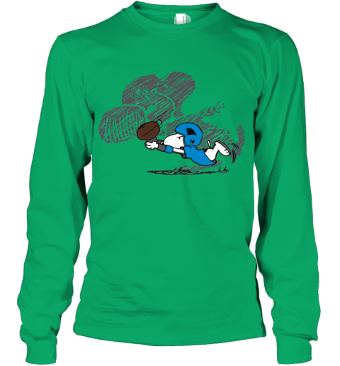kmkr carolina panthers snoopy plays the football game youth long sleeve 50 front irish green