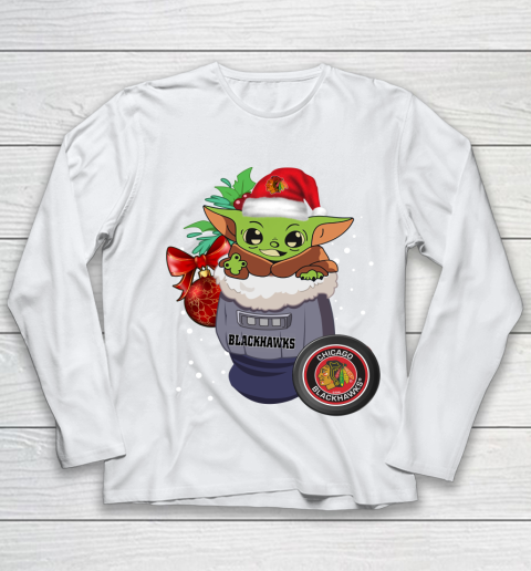 Chicago Blackhawks Christmas Baby Yoda Star Wars Funny Happy NHL Youth Long Sleeve 2