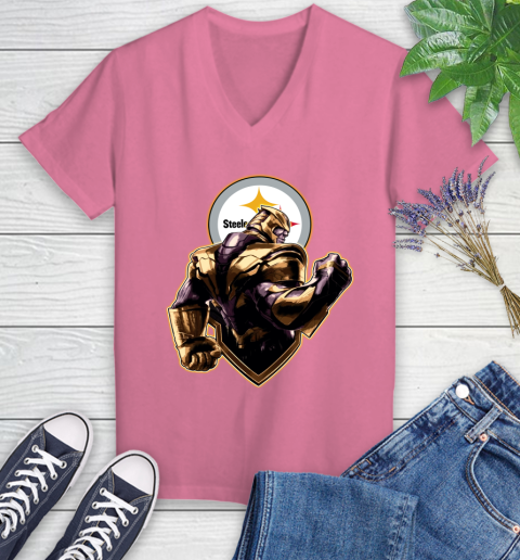 NFL Thanos Avengers Endgame Football Sports Pittsburgh Steelers Women's V-Neck T-Shirt 13