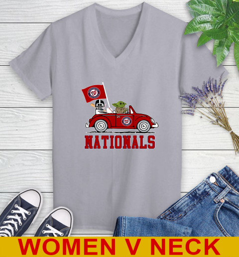 MLB Baseball Washington Nationals Darth Vader Baby Yoda Driving Star Wars Shirt Women's V-Neck T-Shirt 5