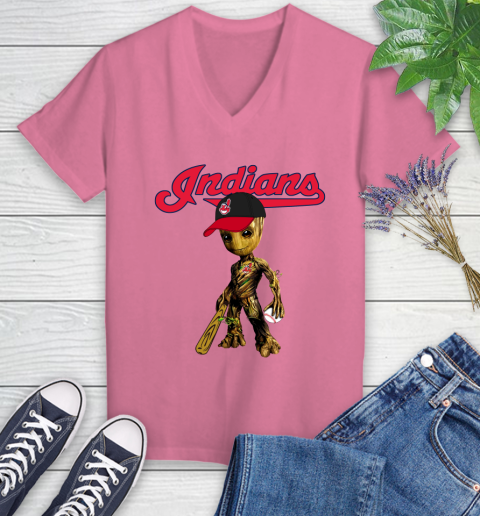 MLB Cleveland Indians Groot Guardians Of The Galaxy Baseball Women's V-Neck T-Shirt 13