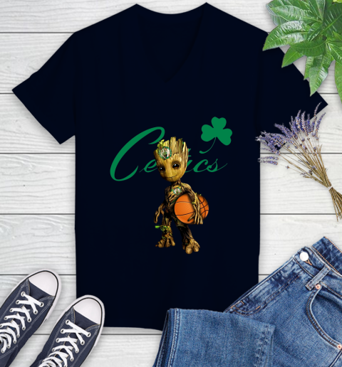 Boston Celtics NBA Basketball Groot Marvel Guardians Of The Galaxy Women's V-Neck T-Shirt 3