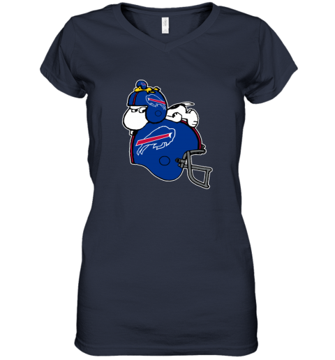 n8to snoopy and woodstock resting on buffalo bills helmet women v neck t shirt 39 front navy