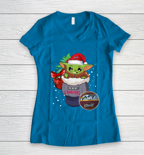 Cleveland Cavaliers Christmas Baby Yoda Star Wars Funny Happy NBA Women's V-Neck T-Shirt 7