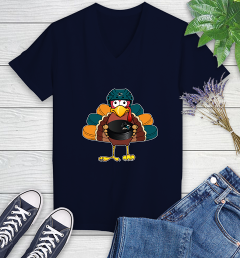 San Jose Sharks Turkey Thanksgiving Day Women's V-Neck T-Shirt 3