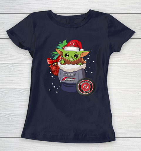 New Jersey Devils Christmas Baby Yoda Star Wars Funny Happy NHL Women's T-Shirt 4