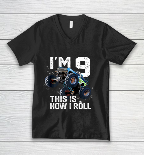 Kids I'm 9 This is How I Roll Monster Truck 9th Birthday Boy Gift 9 Year Old V-Neck T-Shirt