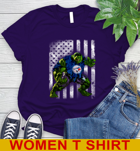 Toronto Blue Jays Hulk Marvel Avengers MLB Baseball American Flag Women's T-Shirt 4